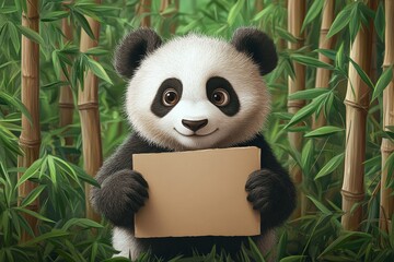 Cute panda holds a blank sign amidst lush bamboo forest during daytime