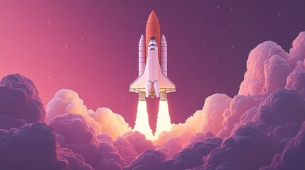 Obraz premium Paper art style of the space shuttle taking off in space, start-up concept, flat-style vector illustration.