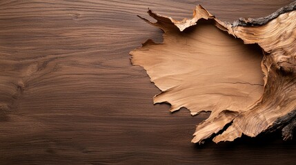 Rustic wood bark frame on dark wood background; ideal for design