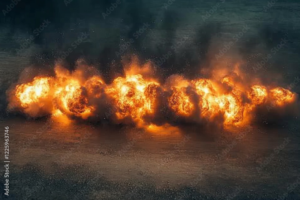 Poster Flames engulfing the ground vividly during a controlled detonation in a remote training area at dusk