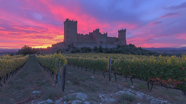Sunset over Chateau de Queribus, a medieval castle in France, overlooking vineyards