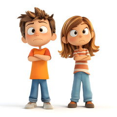 Fototapeta premium Upset Cartoon Kids Boy and Girl D Illustration Children s Anger Disagreement