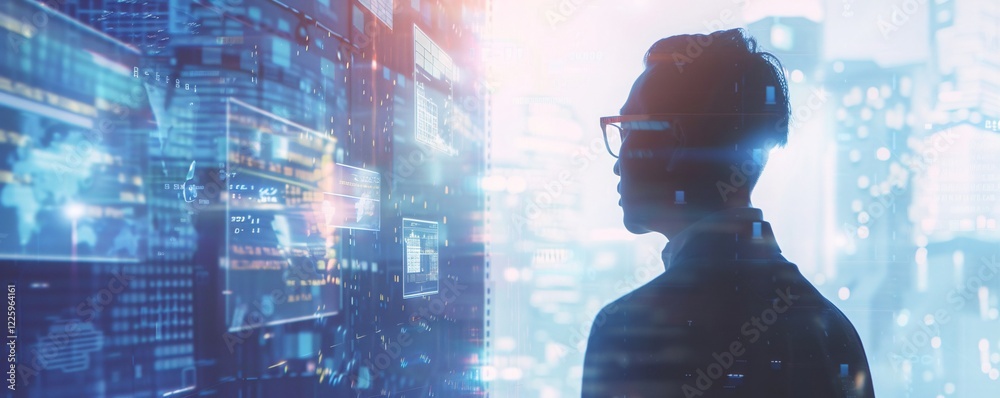 Poster businessman examines various data presented on a futuristic transparent interface