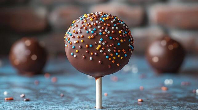 Chocolate Lollipop with Sprinkles on a Blue Table in a Side View
