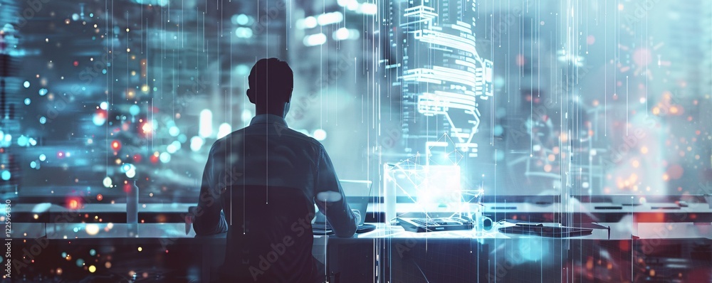 Poster Businessman using a futuristic holographic interface at his desk to work with data and code