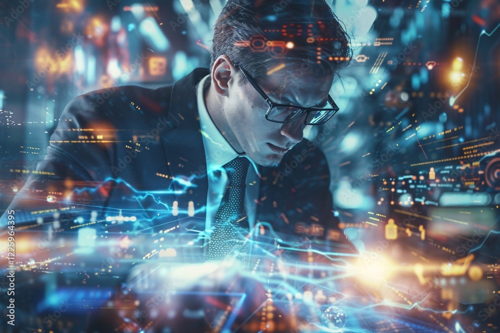 Poster Businessman is working late using a futuristic computer interface with glowing charts and data points