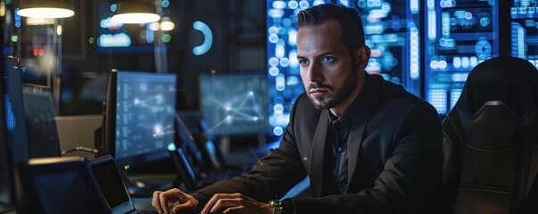 Serious-faced it specialist at work in a network operations center
