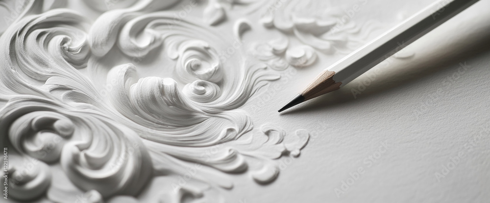 Poster close-up of a white pencil on textured white paper with intricate swirling patterns, symbolizing cre