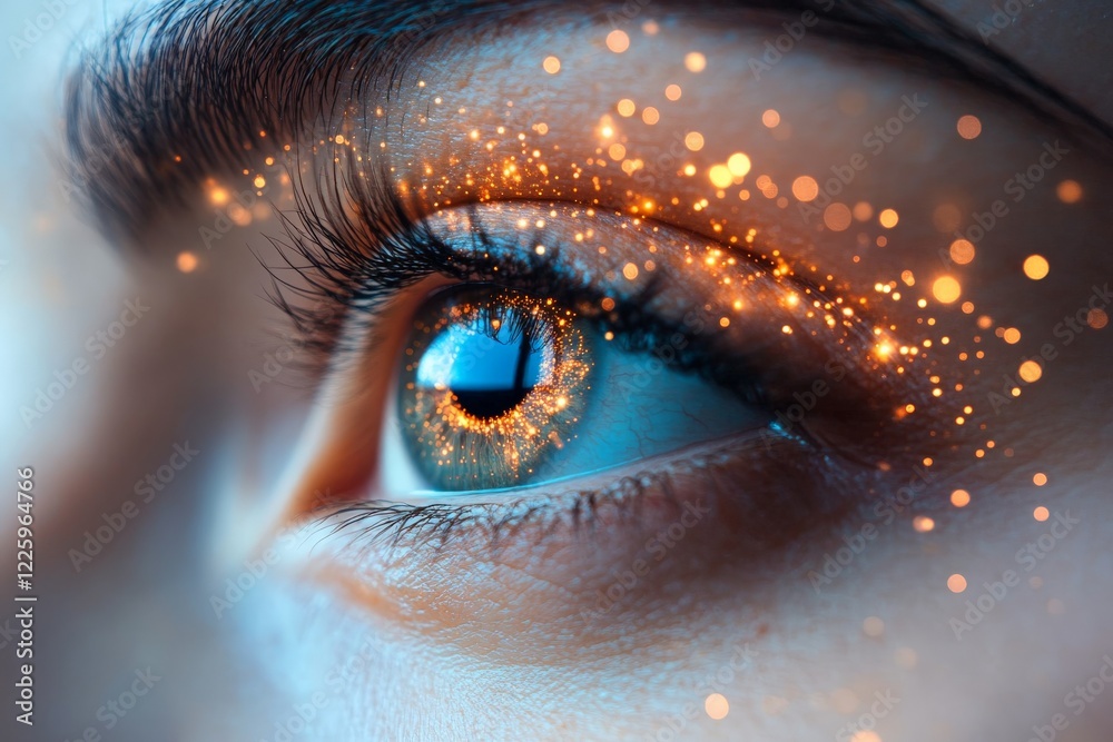 Leinwandbilder close-up of a mesmerizing eye with sparkling particles reflecting light on a calm background