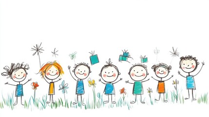 Joyful Children Playing Outdoors with Flowers and Gifts in a Colorful Hand-Drawn Style Illustration