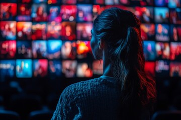 Fototapeta premium Young woman enjoying an immersive media experience in a vibrant display of colorful screens