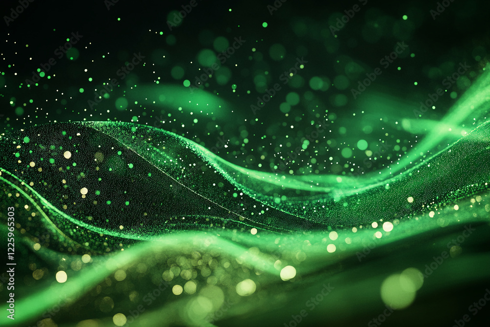 Poster Abstract green light waves with sparkling particles on a dark background, symbolizing energy, technology, and futuristic concepts for backgrounds or design projects