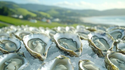 Fresh Oysters on Ice with Coastal Background