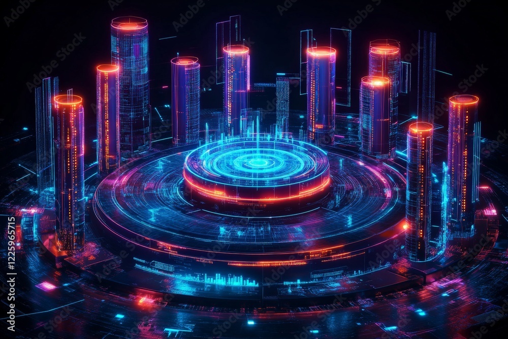 Poster abstract futuristic cityscape featuring glowing towers and digital elements illuminated at night