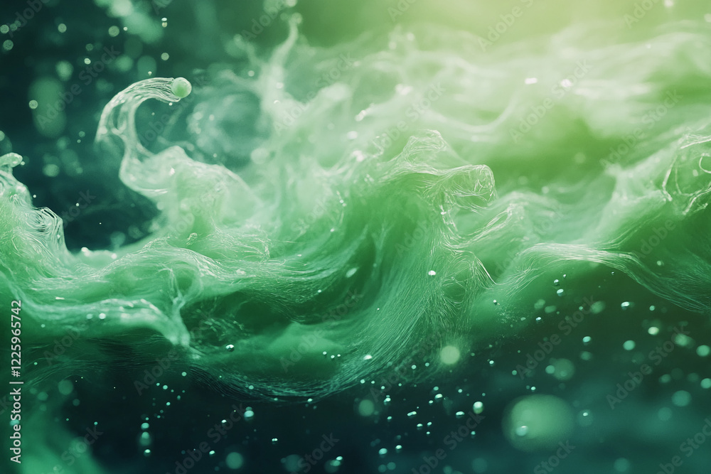 Poster abstract green liquid waves with flowing textures and glowing particles, symbolizing fluidity, motio