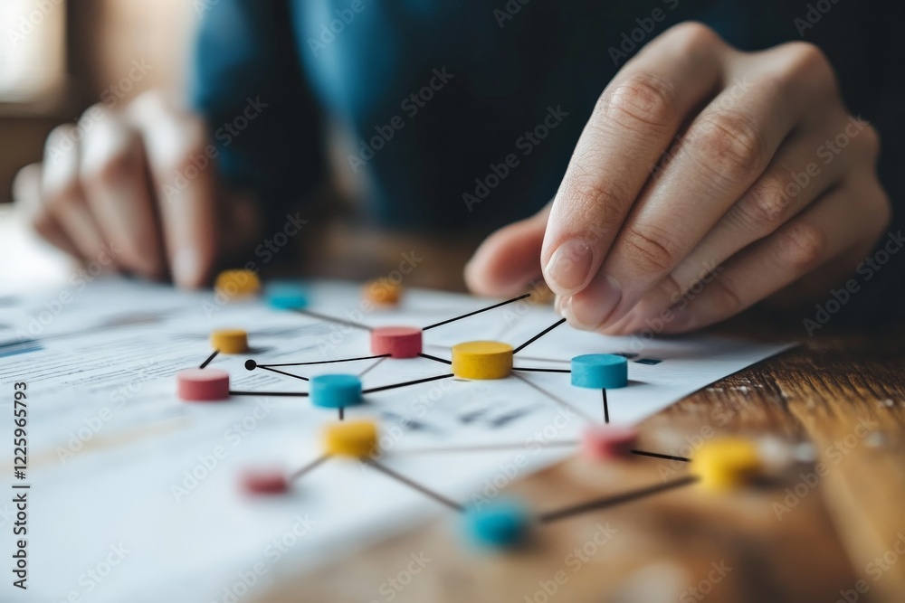 Fototapete engaging in strategic planning with colorful tokens and diagrams on a wooden table for project devel