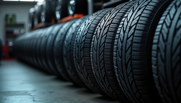 Many car tires neatly stacked in rows in tire shop. Tires black rubber. Shop well organized. Auto parts warehouse retail store. Tires for various vehicles. Customers buy tires for cars trucks.