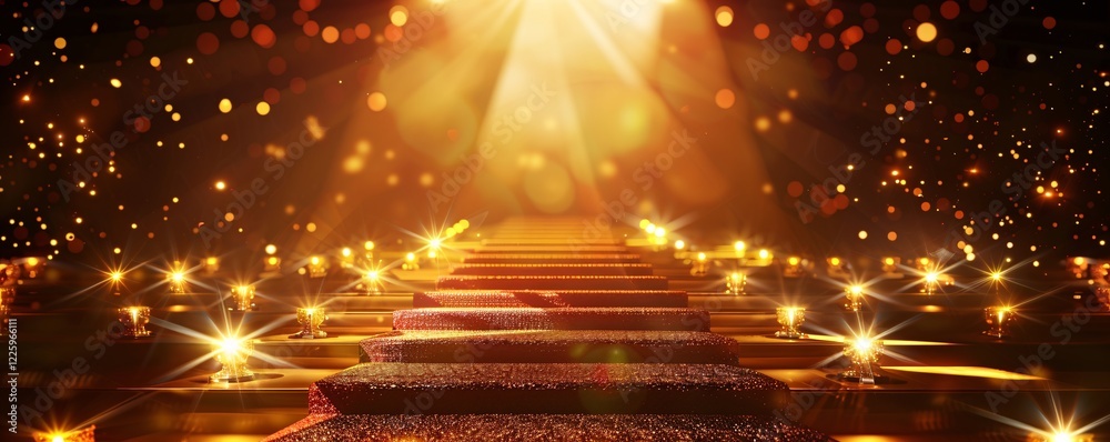 Poster staircase to a golden bokeh stage with red carpet and spotlights