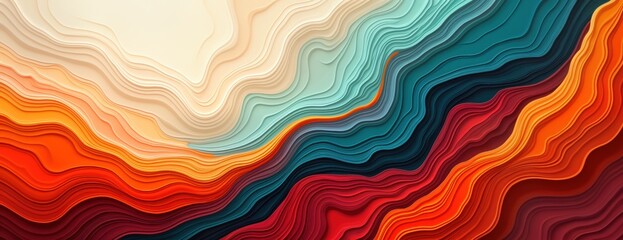Abstract colorful background with wavy lines, layered colors. Modern design with vibrant hues like orange red teal, blue creating textured artistic effect. Colorful artwork perfect for various