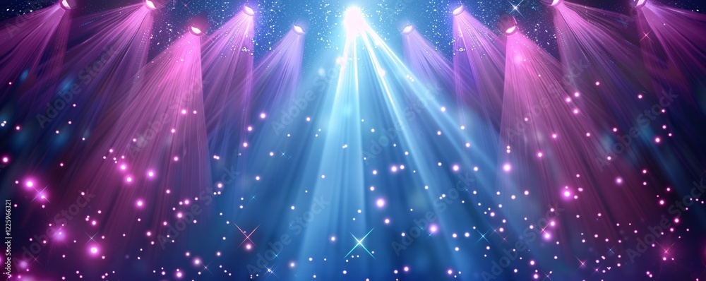 Poster blue stage backdrop with vibrant lights and shimmering particles for a festive or celebratory concep