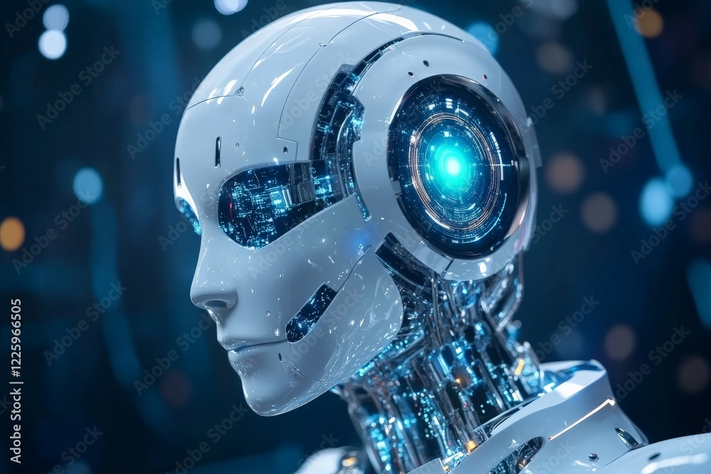Aufkleber Futuristic humanoid robot with glowing features in a high-tech environment