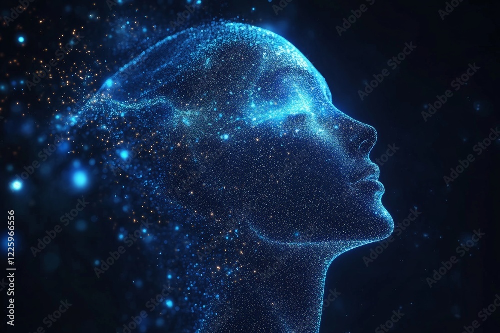 Poster digital representation of a female silhouette illuminated by stars and cosmic elements in a dark set