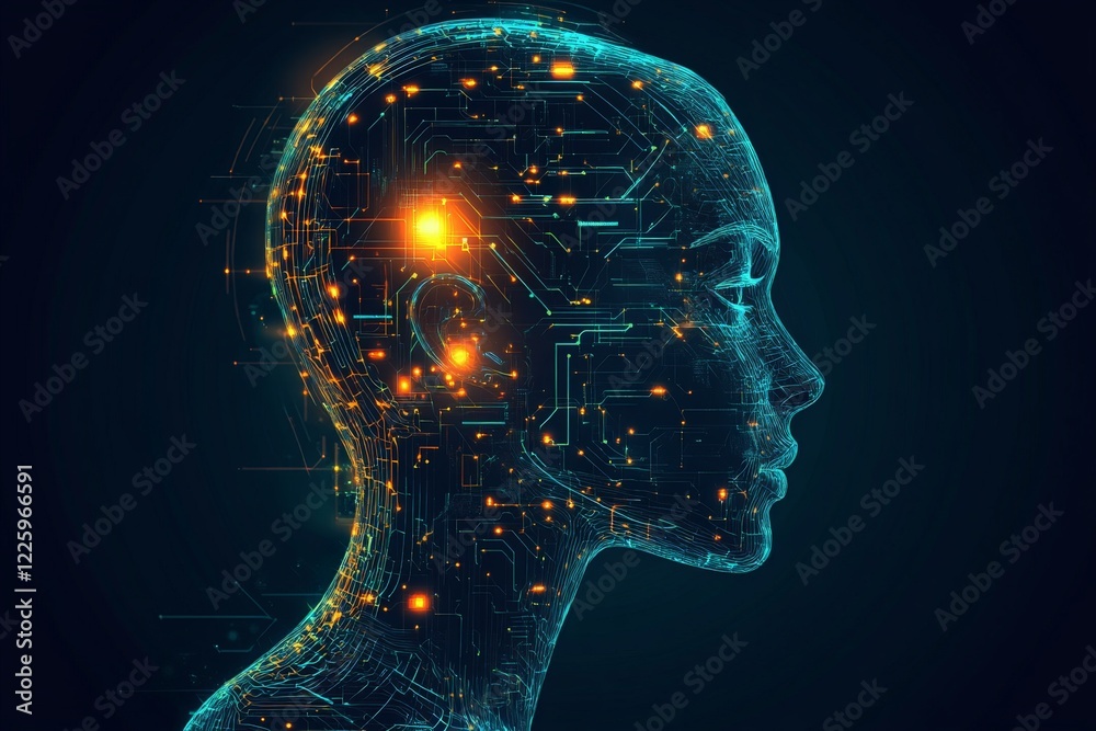 Aufkleber digital representation of a humanoid figure with glowing circuitry details in a futuristic design co