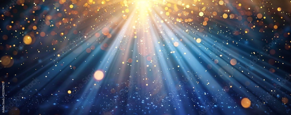 Poster golden light shining down on a blue glitter background with bokeh
