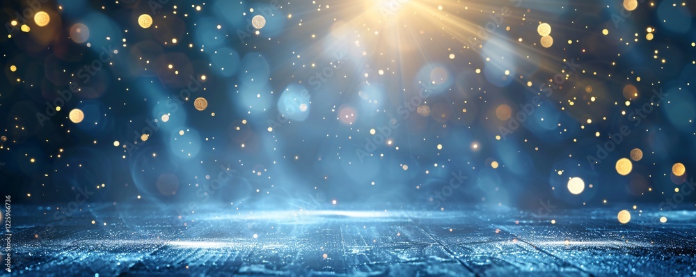 Poster spotlight illuminates empty wooden stage with falling glitter, creating abstract festive background 