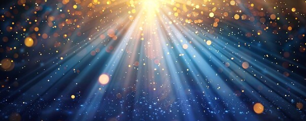 Obraz premium Golden light shining down on a blue glitter background with bokeh