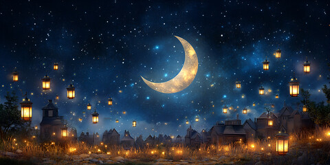 Fototapeta premium Lanterns Arranged Around a Crescent Moon at Night