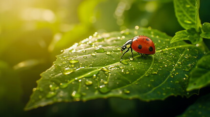 A ladybug sitting on a green leaf with water droplets