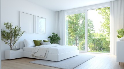 Modern bedroom with large window overlooking lush greenery. Ideal for home decor websites