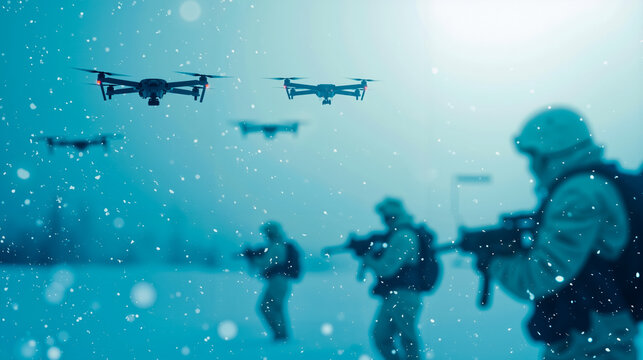 A group of people standing in the snow with drones flying overhead