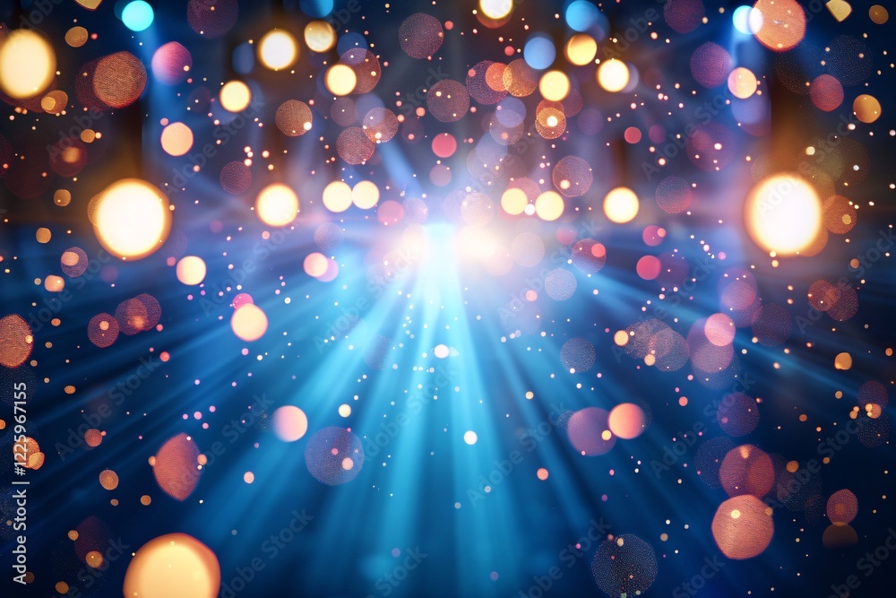 Poster bright blue stage lights shining against a sparkling bokeh backdrop