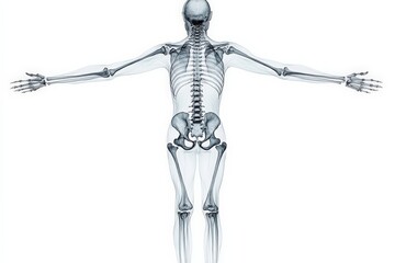 Detailed view of human skeleton showcasing anatomical structure and posture in a scientific illustration