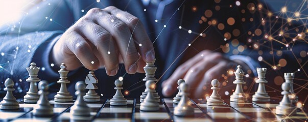 Businessman moving a chess piece on a chessboard with a network grid effect