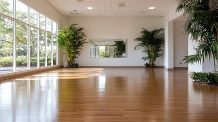 Bright studio dance floor, sunlight, plants.  Perfect for fitness, yoga or dance classes