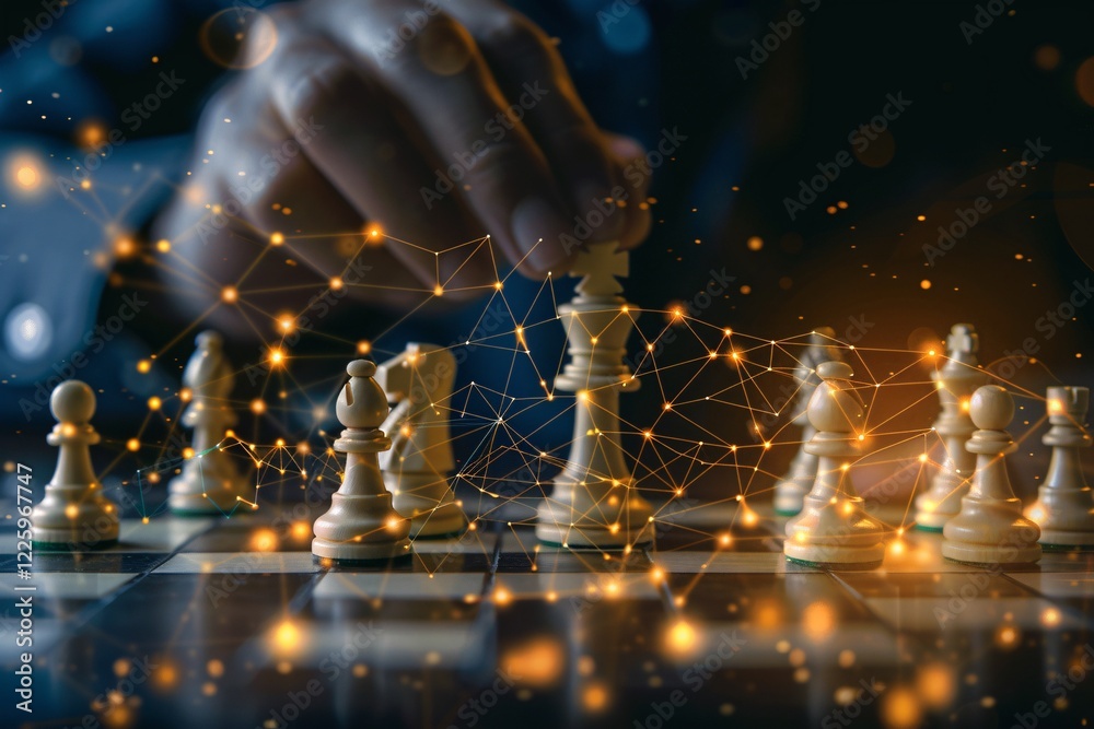 Aufkleber businessman strategically moving a glowing king chess piece on a chessboard during a game of chess