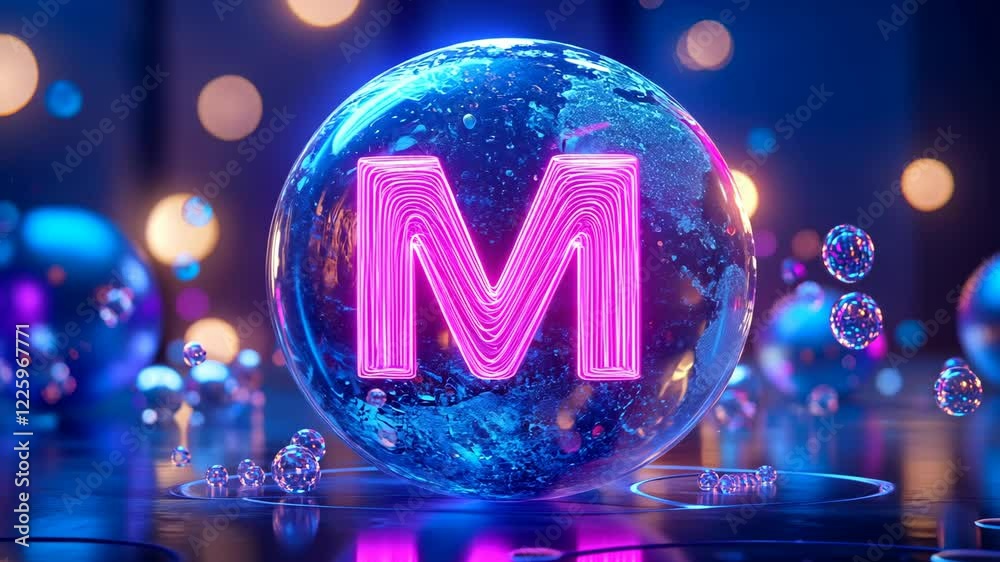 Canvas Prints colorful neon letter m glowing in a vibrant digital world with bubbles and illuminated dots creating