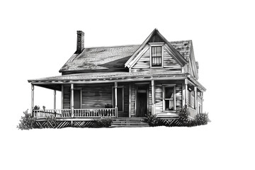 Rustic Wooden House With Porch Showcasing Early 20th Century Architecture in a Serene Environment - Vintage Illustration, Isolated on White Transparent Background, PNG
