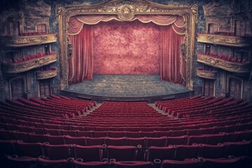 Historic theater interior with red velvet seats and ornate decorations showcasing a grand stage setting