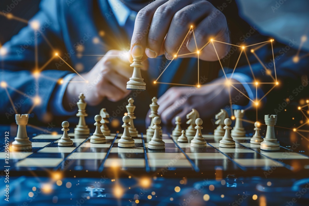 Poster businessman strategically moves a king chess piece on a chessboard while playing chess