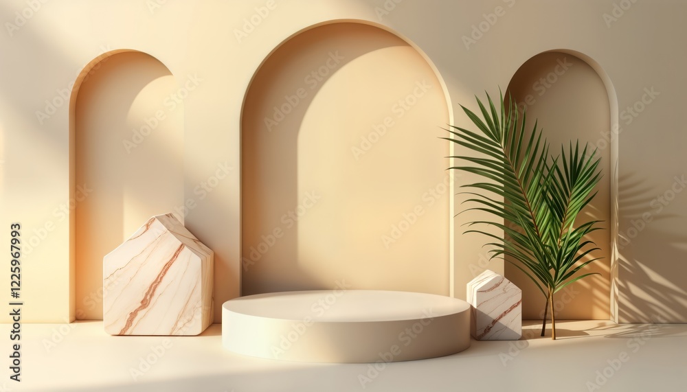 Poster empty beige round platform stands in light beige room with arched niches. decorative marble blocks, 