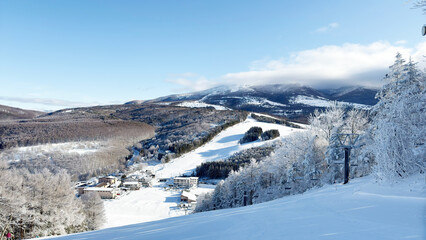 スキー場　ゲレンデとリフトと青空