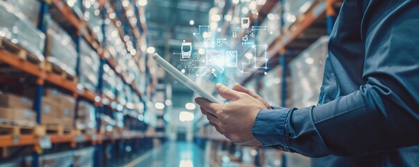 Manager using tablet with virtual interface managing warehouse, inventory, and logistics for distribution