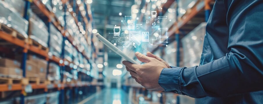 Manager using tablet with virtual interface managing warehouse, inventory, and logistics for distribution