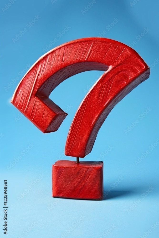 Poster big red question mark standing on blue background is asking a big question