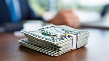 Close-up of Stacked Dollar Bills on a Wooden Desk with Businessman in the Background Blurred Out of Focus