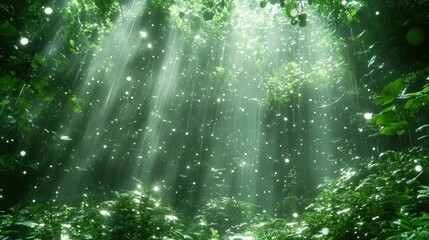 Naklejka premium Enchanted Rainforest: Sunbeams Dancing Through Lush Greenery